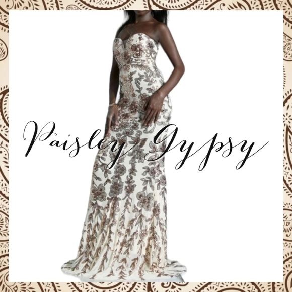 Exquisite Contrast Sequin Floral Beige Creme & Chocolate Sleeveless Fo… - Picture 7 of 15